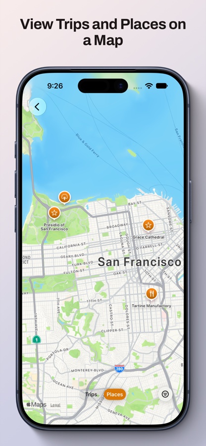 Thatplace on an iPhone, showing a map of San Francisco with amber pins on the places visited.